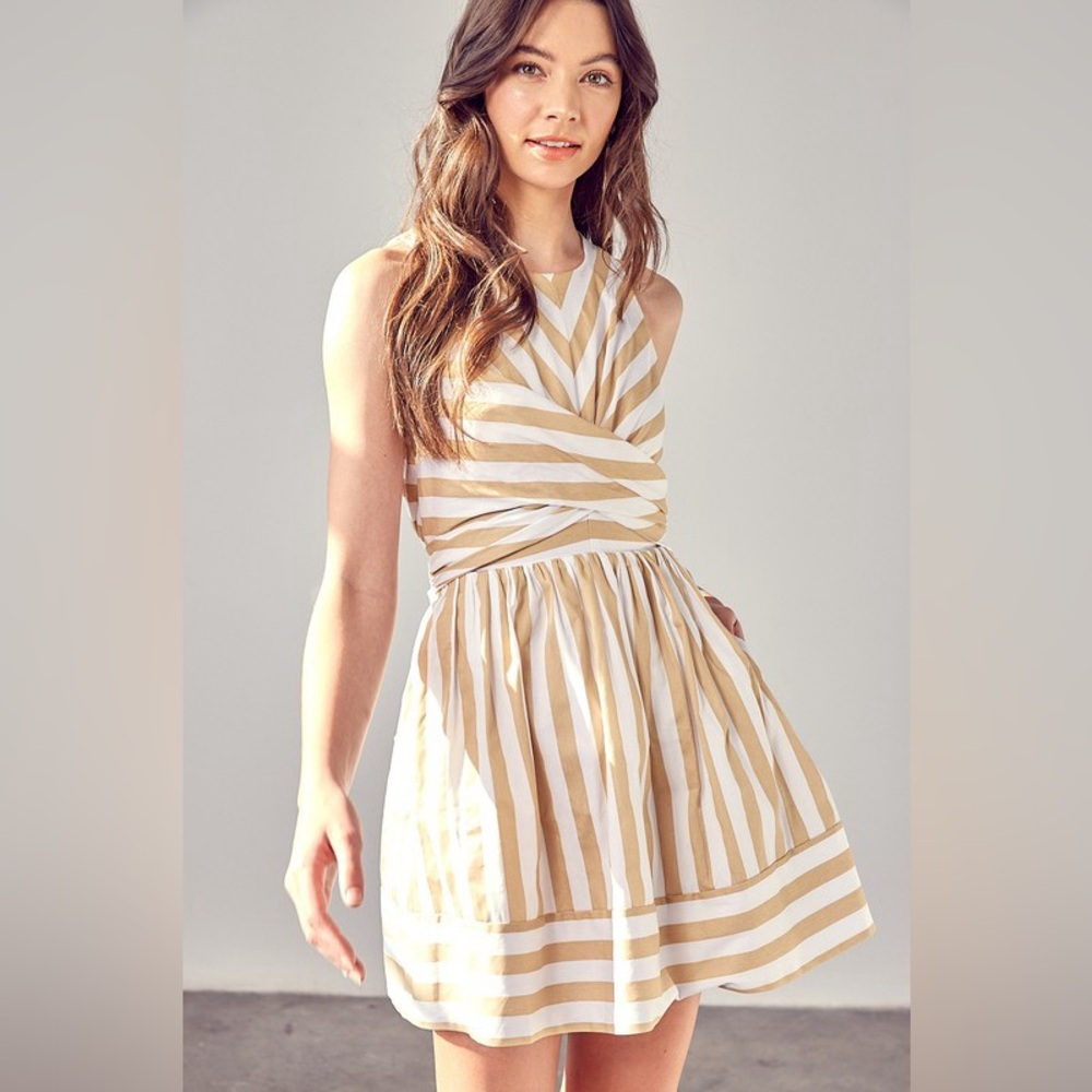 DO+BE Striped Bow Back A Line Mini Dress - Tan and White